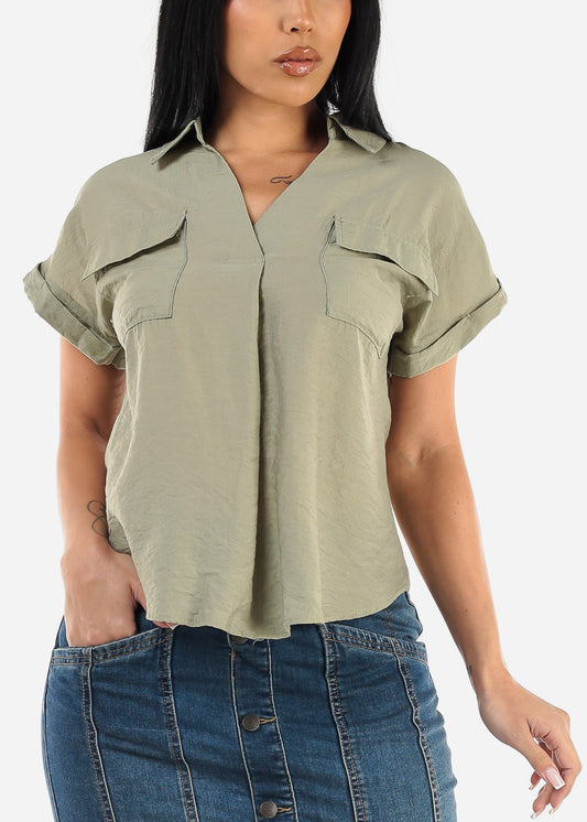 Short Sleeve Round Hem Collared Blouse Light Olive w Pockets