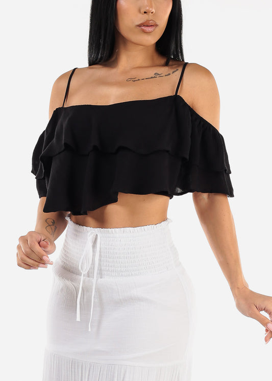 Black Ruffled Off Shoulder Crop Top