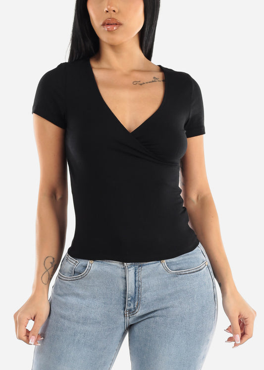 Black Short Sleeve Surplice Ribbed Top