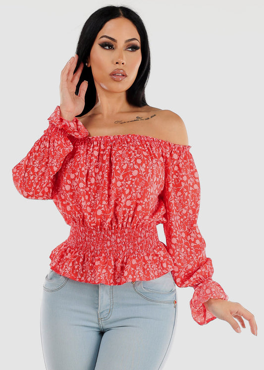 Off Shoulder Smocked Waist Floral Top Red