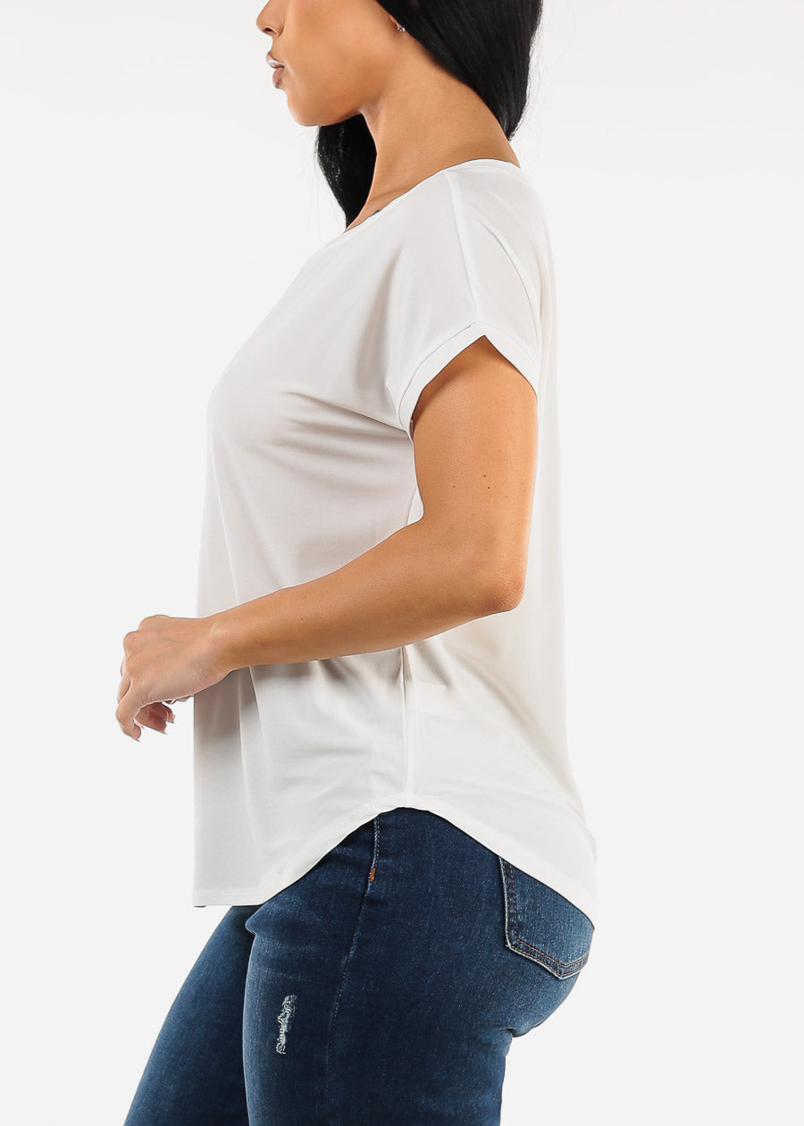 Short Sleeve Round Neck Slinky Blouse Ivory