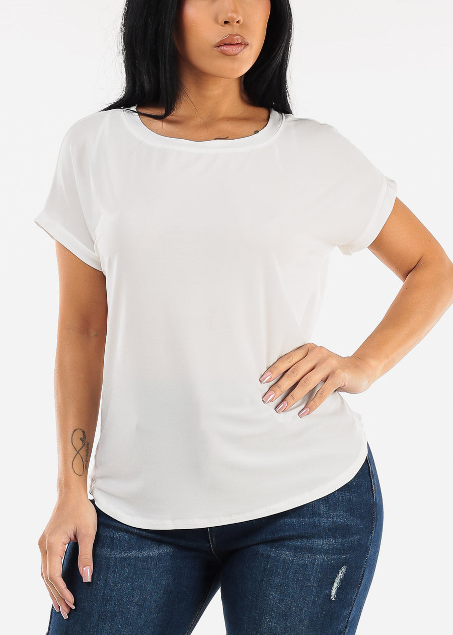 Short Sleeve Round Neck Slinky Blouse Ivory