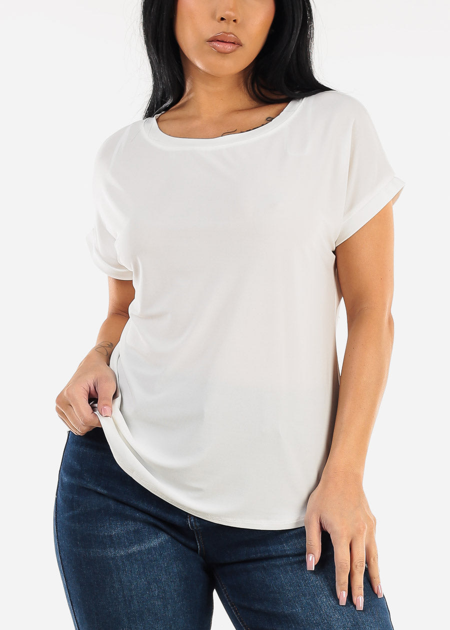 Short Sleeve Round Neck Slinky Blouse Ivory