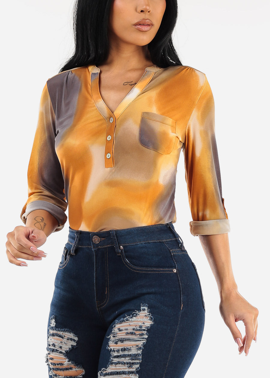 Quarter Sleeve Tie Dye Mesh Blouse