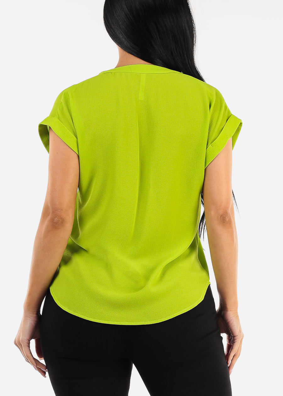 Cuffed Short Sleeve V-neck Blouse Light Green