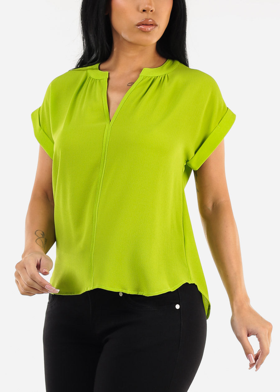 Cuffed Short Sleeve V-neck Blouse Light Green