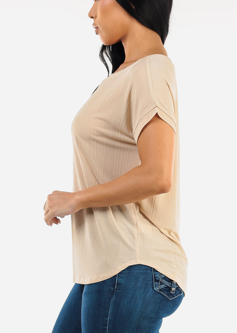 Short Sleeve Round Neck Blouse Beige