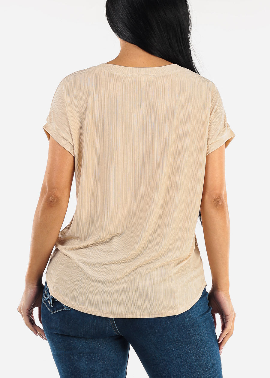 Short Sleeve Round Neck Blouse Beige