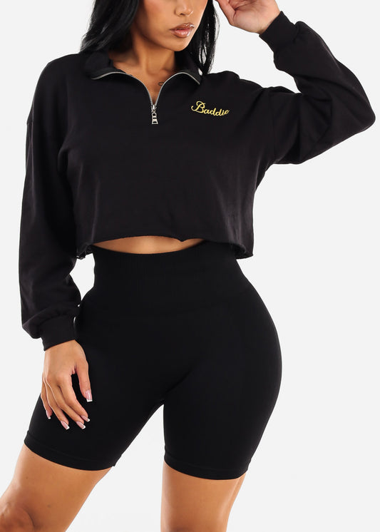 Long Sleeve Black Cropped Sweatshirt "Baddie"