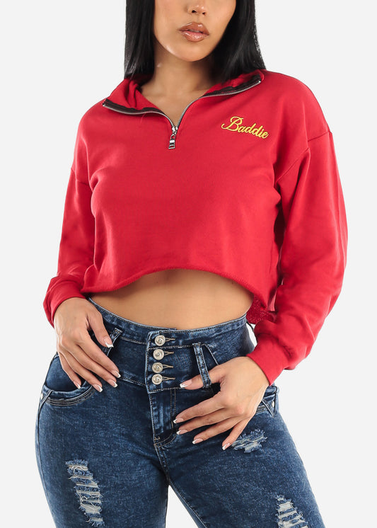 Long Sleeve Cropped Sweatshirt Red "Baddie"