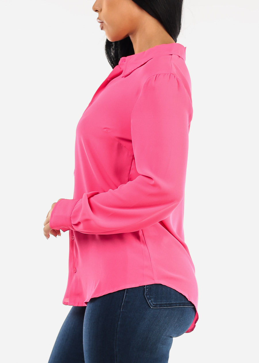 Chiffon Long Sleeve Collared Blouse Fuchsia