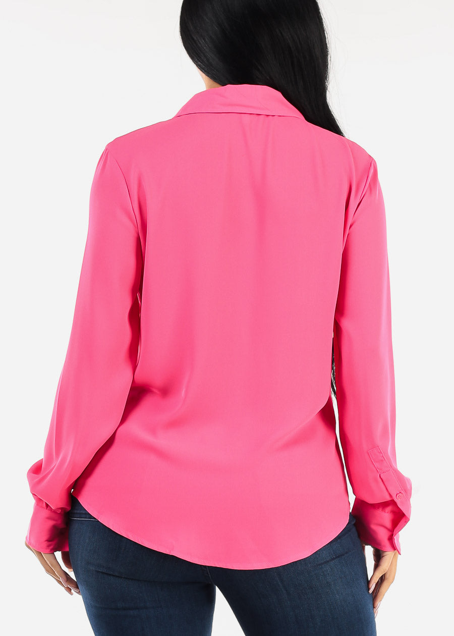 Chiffon Long Sleeve Collared Blouse Fuchsia