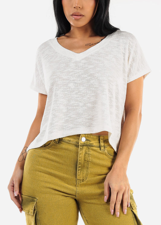 White Vneck Short Sleeve Knit Crop Top