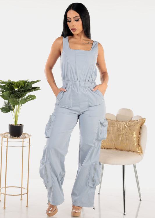 Sleeveless Wide Legged Cargo Jumpsuit Slate Blue