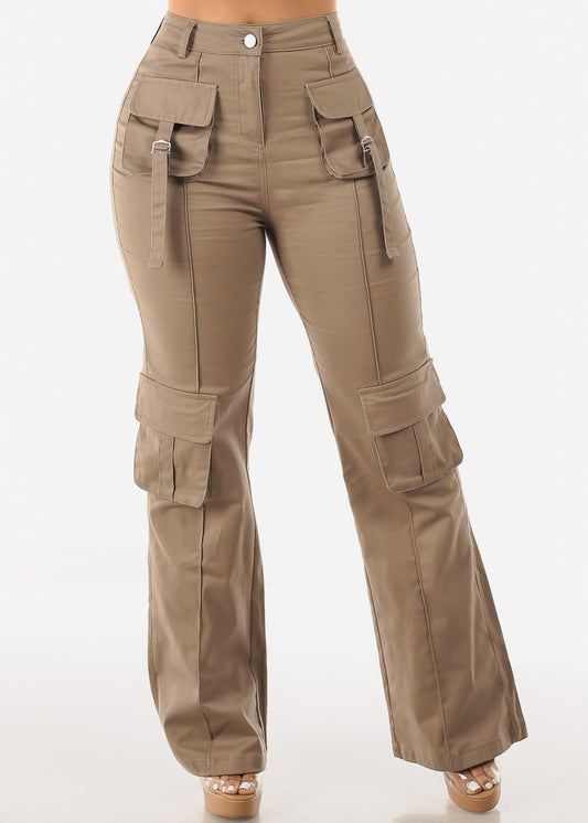 Khaki High Waist Straight Leg Twill Cargo Pants