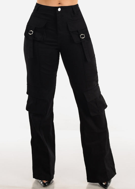 Black High Waist Straight Leg Twill Cargo Pants