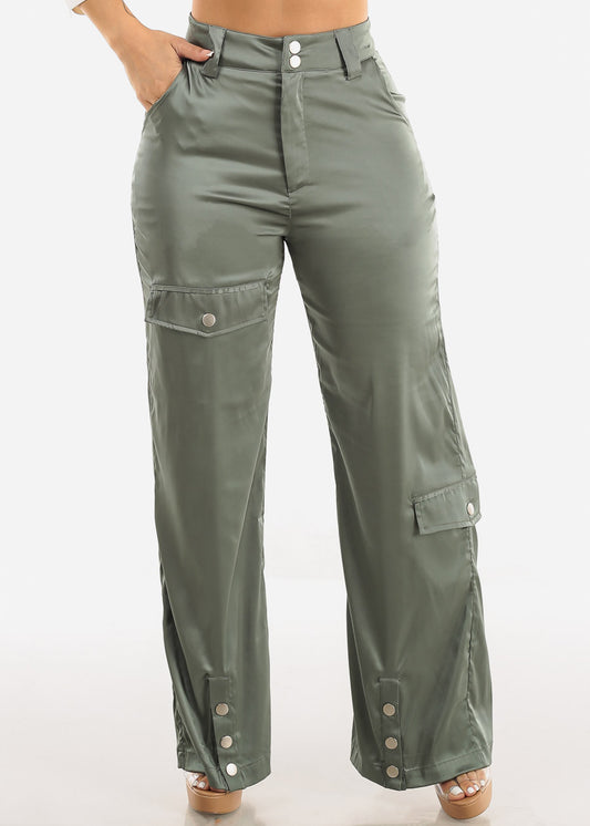 High Waist Wide Leg Satin Pants Olive w Multi Pocket