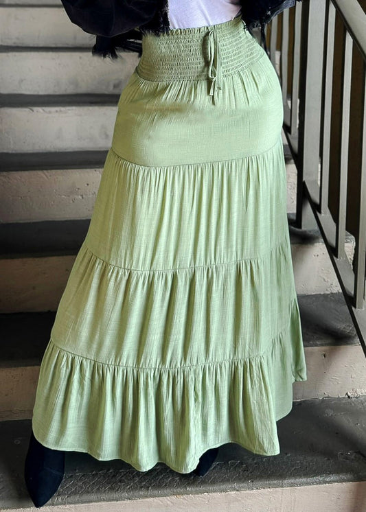 High Rise Spandex Waist Tiered Maxi Skirt Light Green