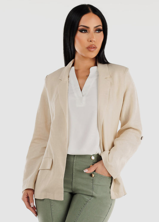 Linen Long Sleeve Open Front Natural Blazer