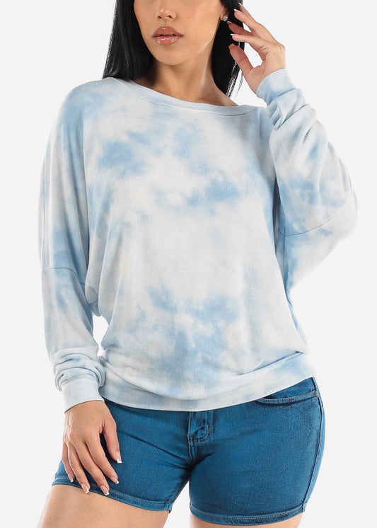 Tie Dye Long Sleeve Dolman Tunic Top Blue