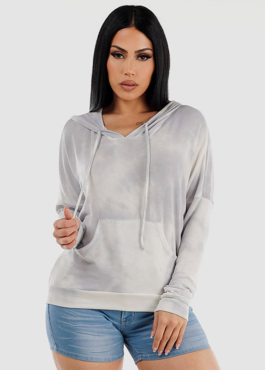 Long Sleeve Tie Dye Pullover Tunic Hoodie Grey