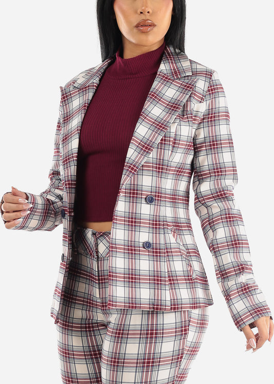 Formal Long Sleeve Plaid Blazer Ivory