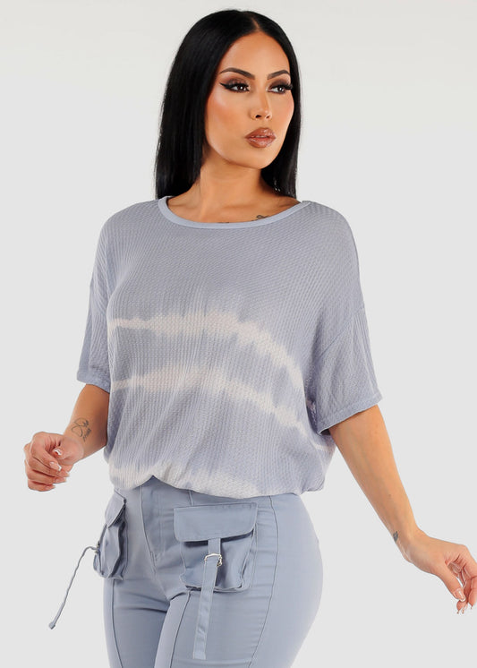 Short Sleeve Thermal Tie Dye Tunic Top Blue