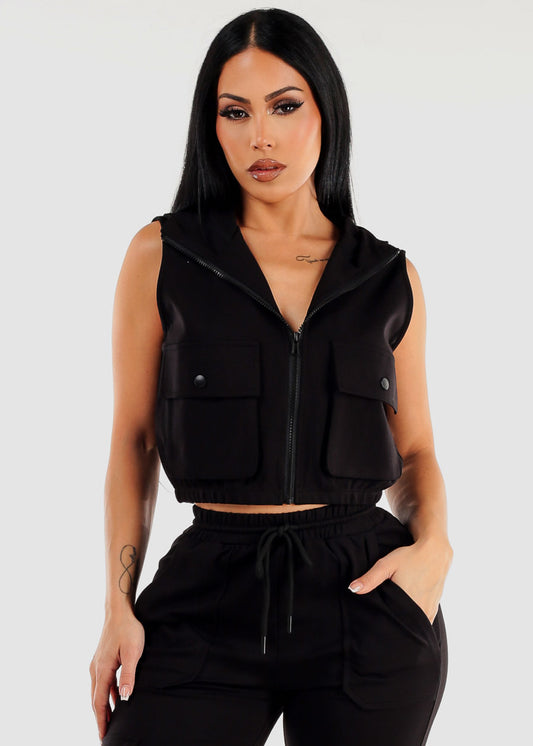 Black Sleeveless Zip Up Cropped Cargo Hoodie