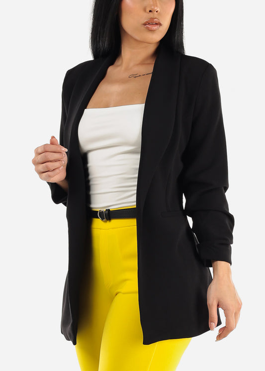 Black Quarter Sleeve Open Front Blazer