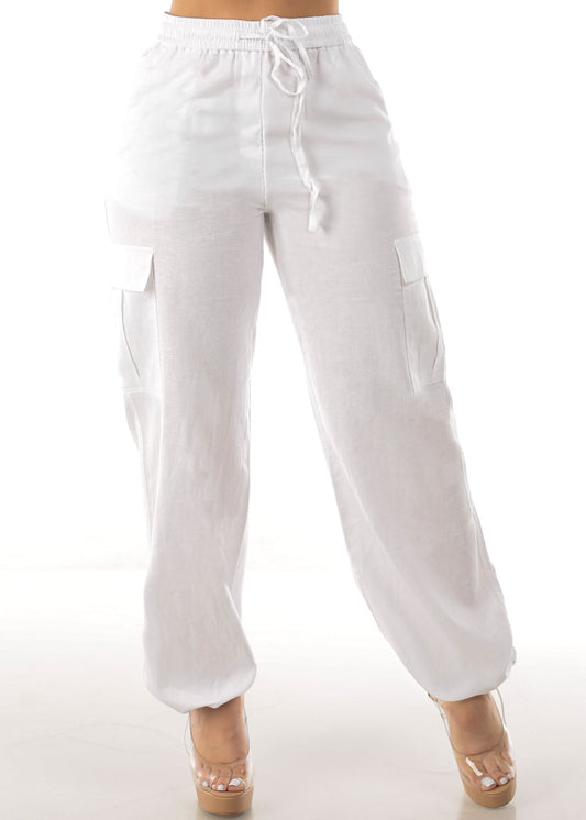 White Linen High Waist Cargo Pants Drawstring Hem