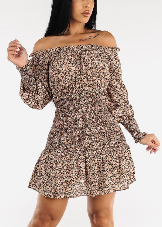 Off Shoulder Smocked Floral Mini Dress Brown