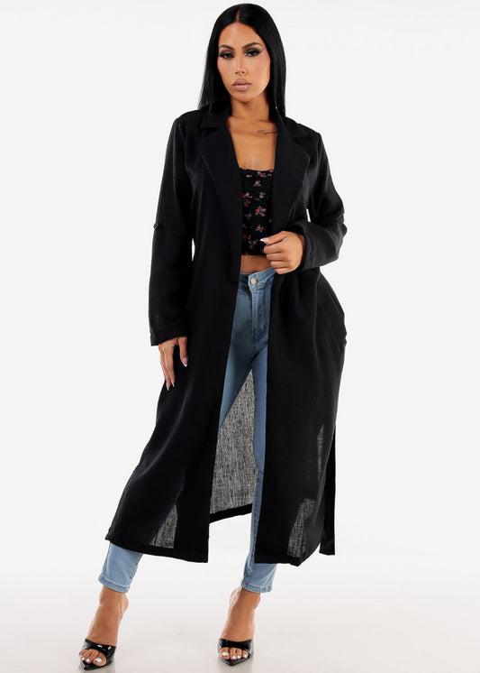 Long Sleeve Black Trench Coat w Pockets