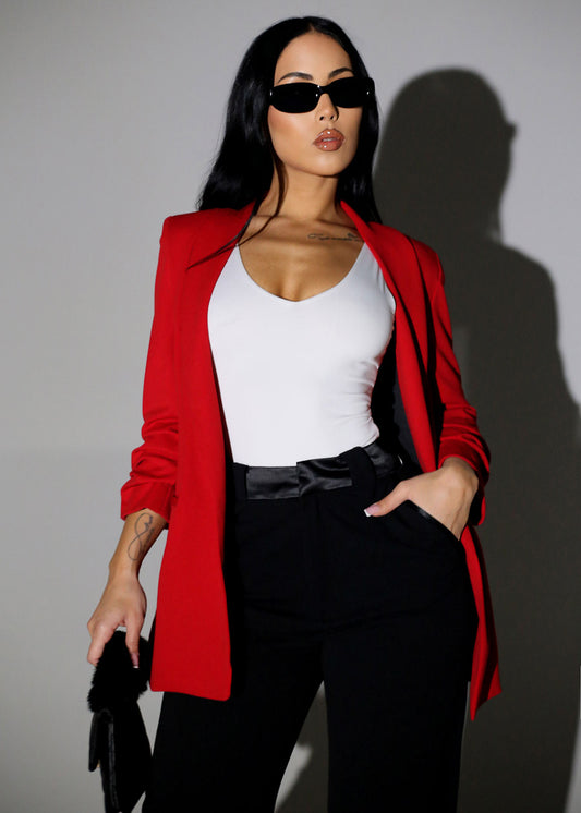 Quarter Sleeve Open Front Blazer Red