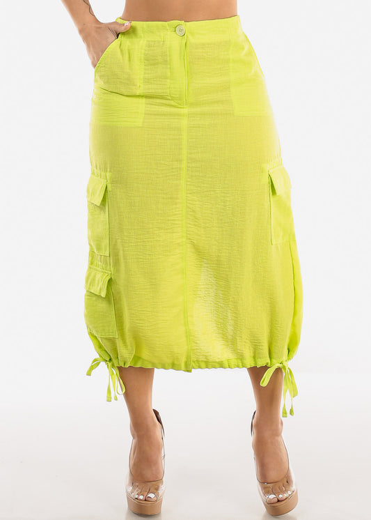 High Waist Cargo Midi Skirt Neon Lime