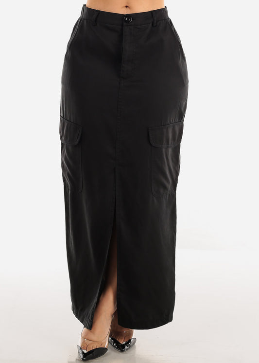 High Waist Black Cargo Maxi Skirt w Slit