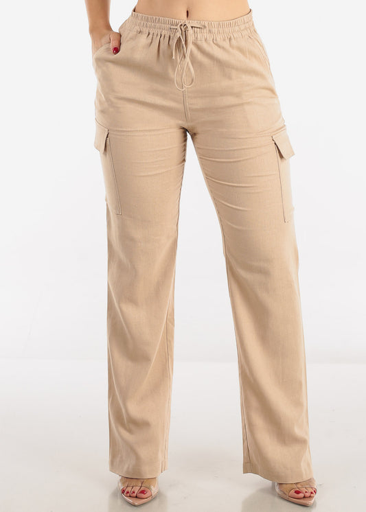 Khaki High Waist Straight Leg Linen Cargo Pants