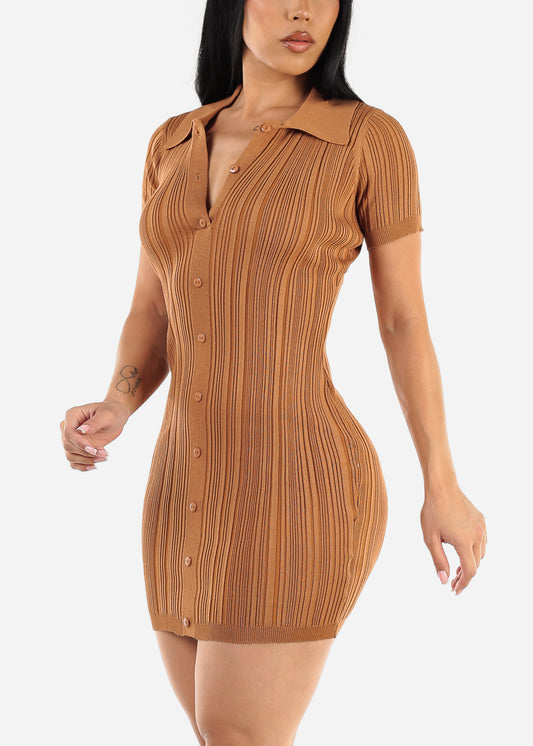 Short Sleeve Collared Bodycon Mini Dress Camel