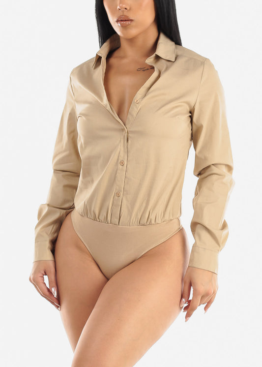 Khaki Long Sleeve Button Down Collared Bodysuit