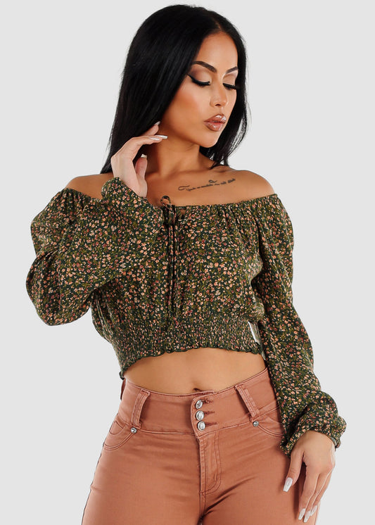 Off Shoulder Floral Peasant Crop Top Green