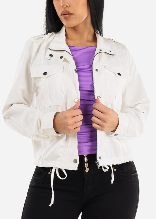 White Drawstring Waist Zip Up Jacket 