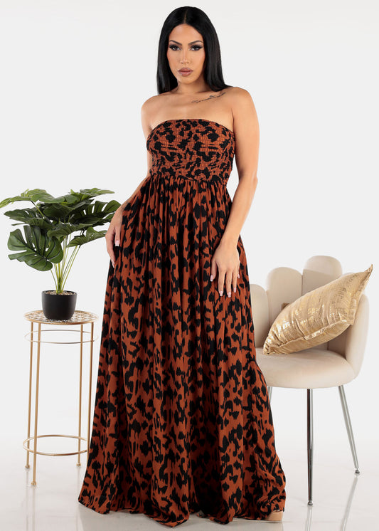 Animal Print Strapless Jumpsuit Brown