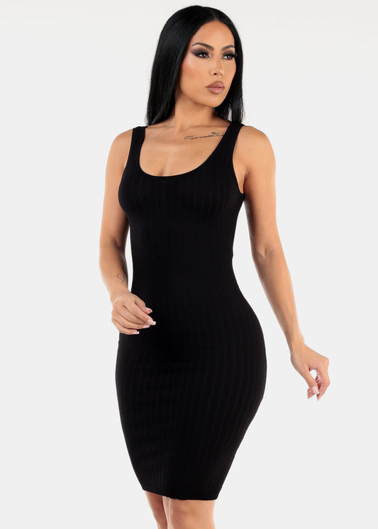 Sleeveless Ribbed Black Bodycon Dress