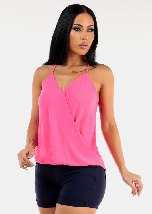 Sleeveless Surplice Chiffon Cami Top Dark Neon Pink