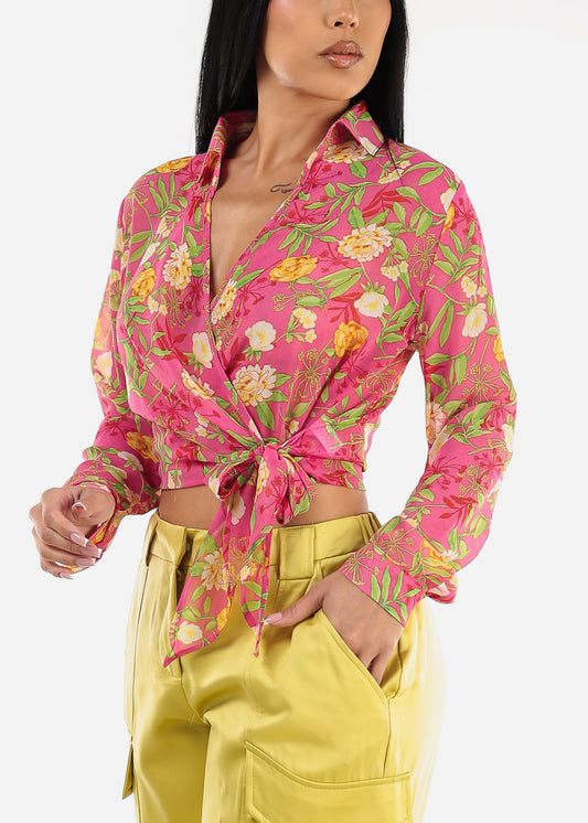 Long Sleeve Surplice Floral Blouse Fuchsia