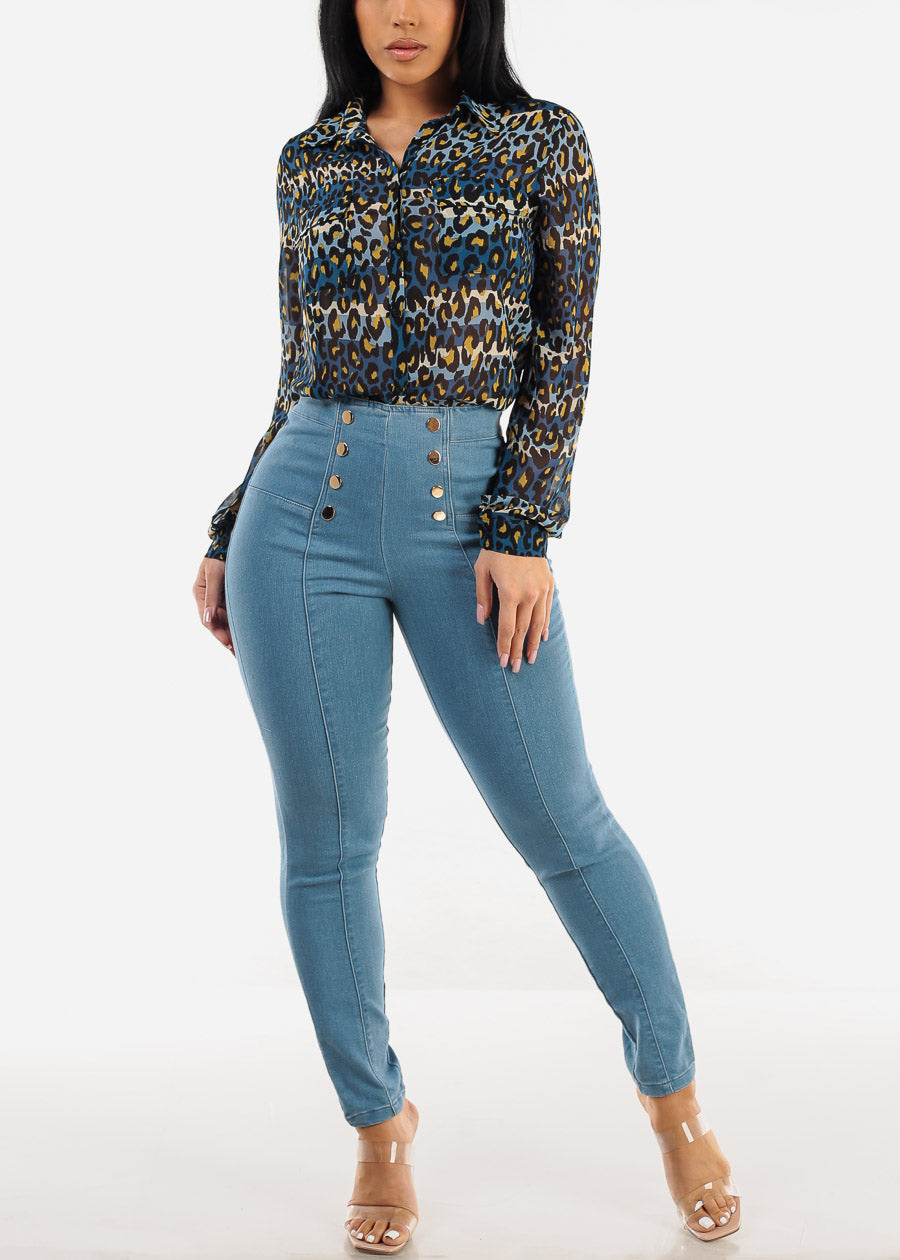 Chiffon Long Sleeve Animal Print Collared Blouse Blue