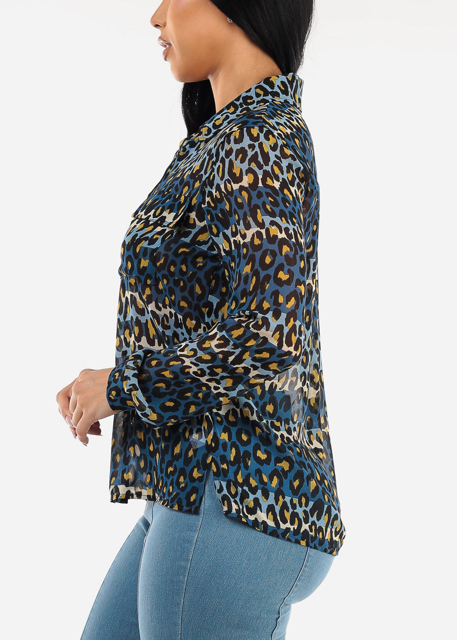 Chiffon Long Sleeve Animal Print Collared Blouse Blue