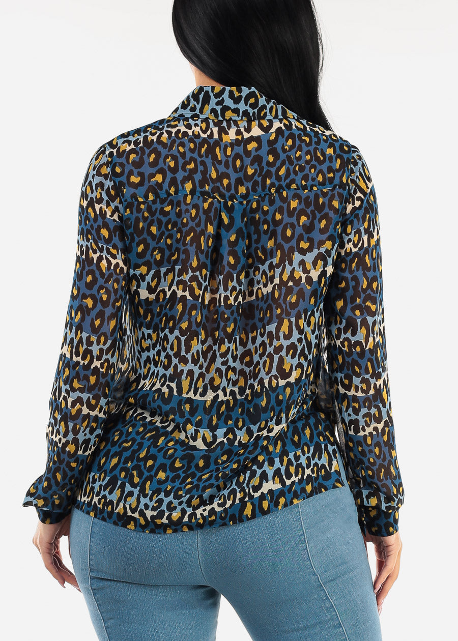 Chiffon Long Sleeve Animal Print Collared Blouse Blue