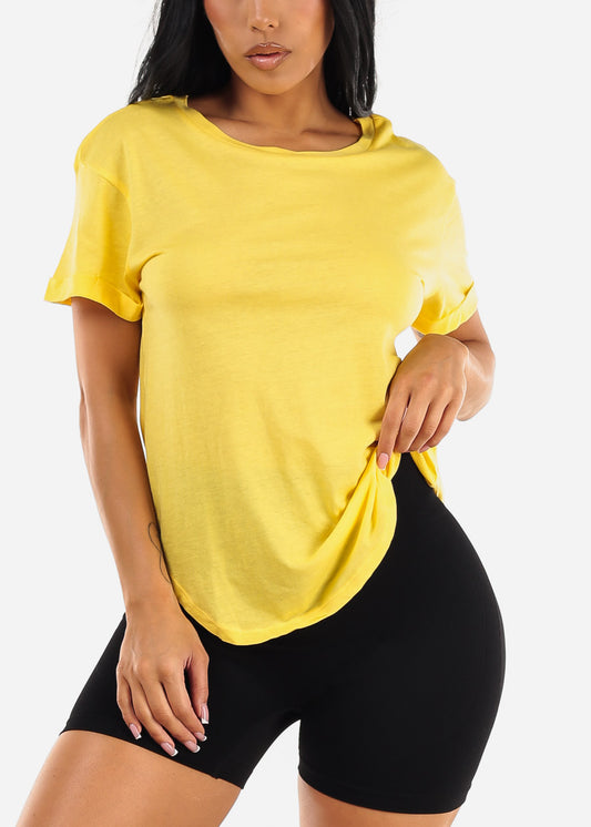 Cuffed Short Sleeve Round Hem Oversized Top Yellow