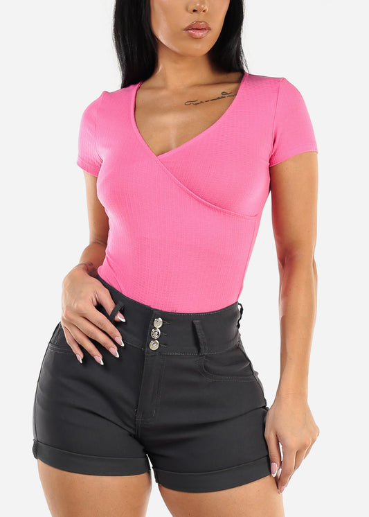 Short Sleeve Surplice Ribbed Top Pink