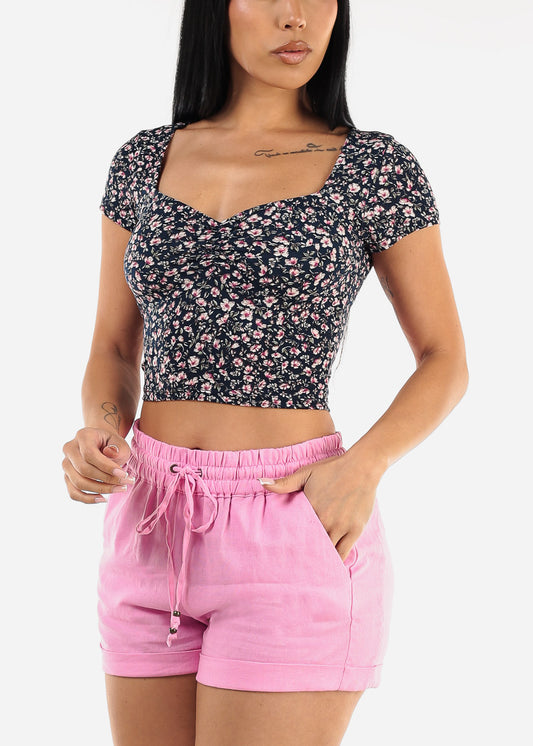 Short Sleeve Sweetheart Neckline Floral Crop Top Navy